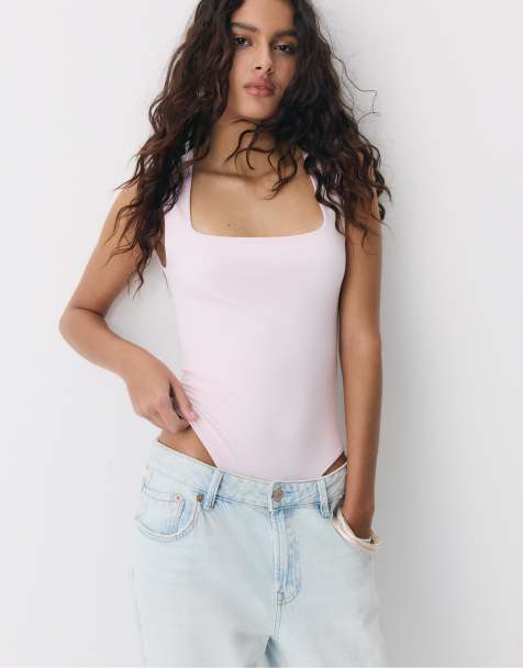 Stradivarius Polyamide bodysuit with square neckline in salmon pink - view 1