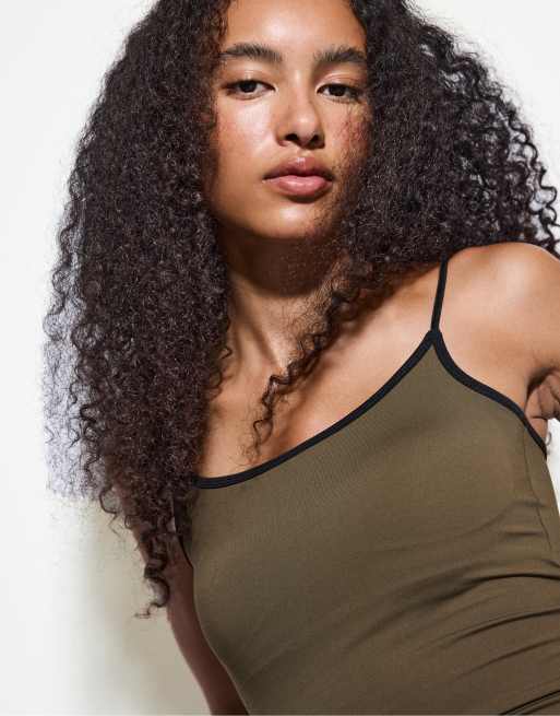 Stradivarius Polyamide spaghetti strap top in khaki, 4 of 4