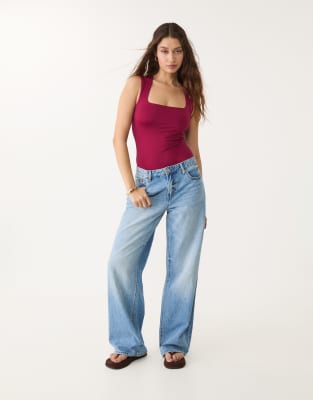 Stradivarius Stradivarius polyamide square neck bodysuit in burgundy-Red