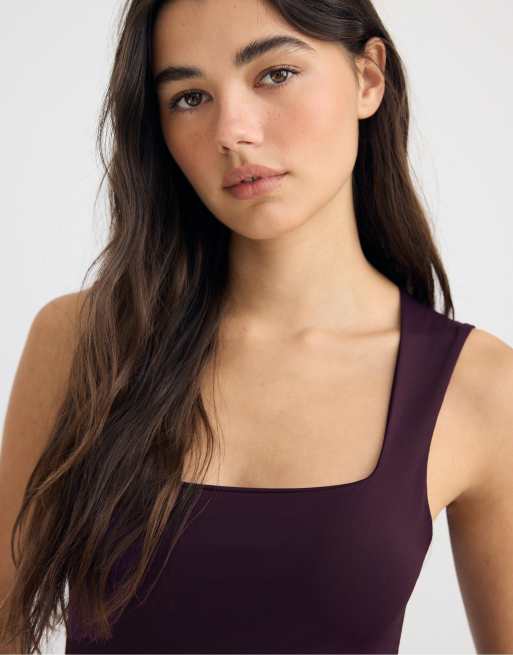 Stradivarius Polyamide square neckline bodysuit in dark purple, 4 of 4