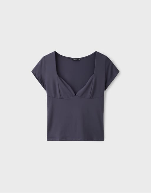 Stradivarius polyamide T-shirt met V-hals in donkergrijs, 6 van 7