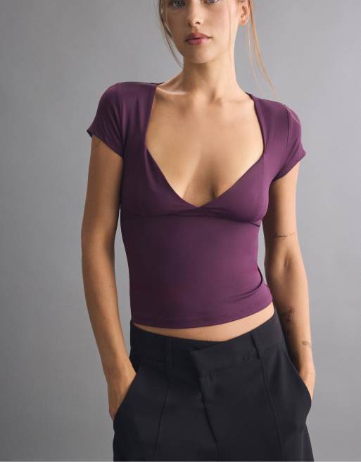 Stradivarius polyamide T-shirt met V-hals in paars, 2 van 7