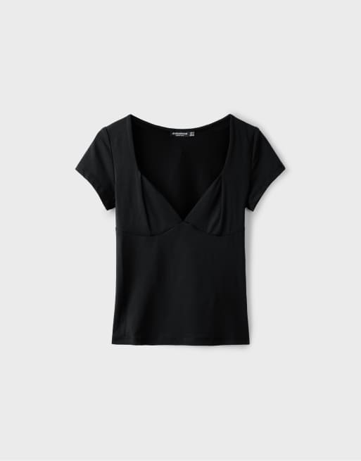 Stradivarius polyamide T-shirt met V-hals in zwart, 6 van 7