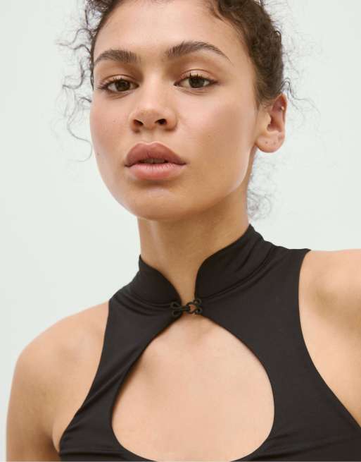 Stradivarius Polyamide top with neck detail in black, 3 of 4
