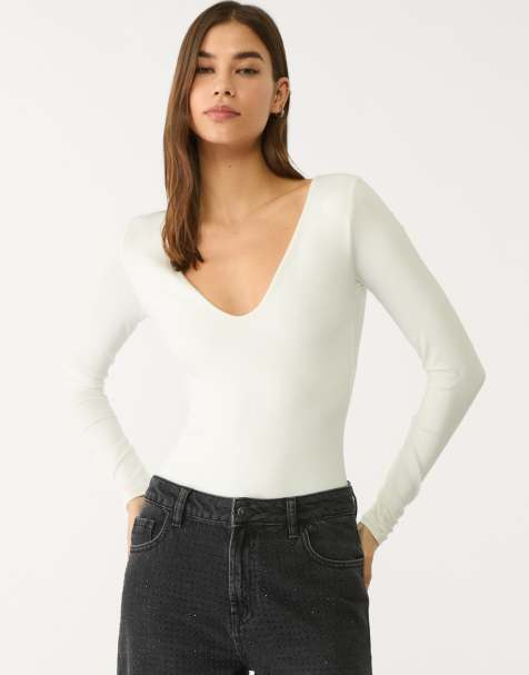 Stradivarius polyamide v neck bodysuit in white - view 1