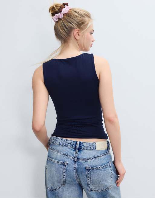 Stradivarius Polyamide wide-strap t-shirt in navy blue, 2 of 4