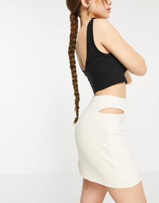 Stradivarius polyester mini skirt with split detail in beige (Part of a set) - BEIGE