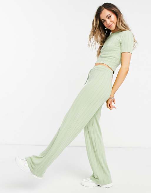 Stradivarius polyester ribbed crop T-shirt in sage green
