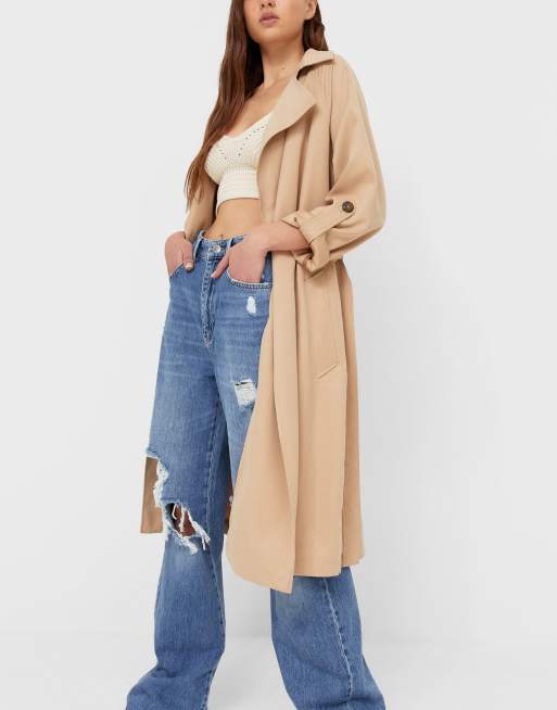 Stradivarius - Polyester trenchcoat met lange pasvorm in camel - CAMEL
