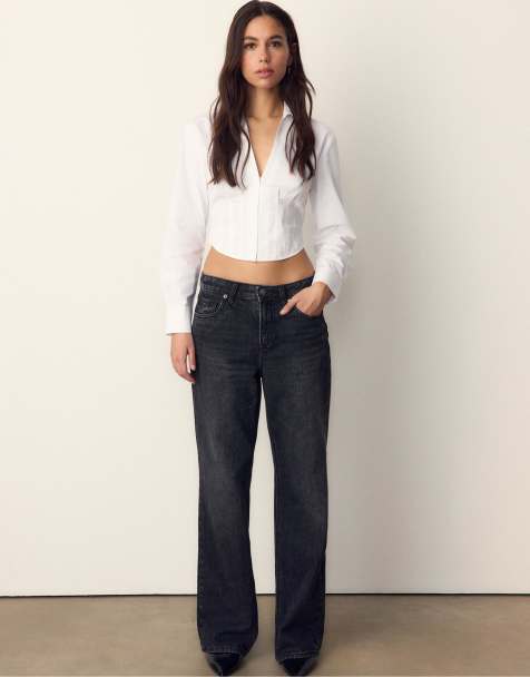 Stradivarius – Popeline-Hemdbluse in Weiß mit Korsett-Design - view 1