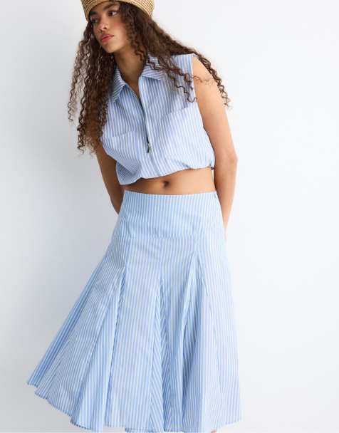 Stradivarius Poplin asymmetric midi skirt in blue - view 1