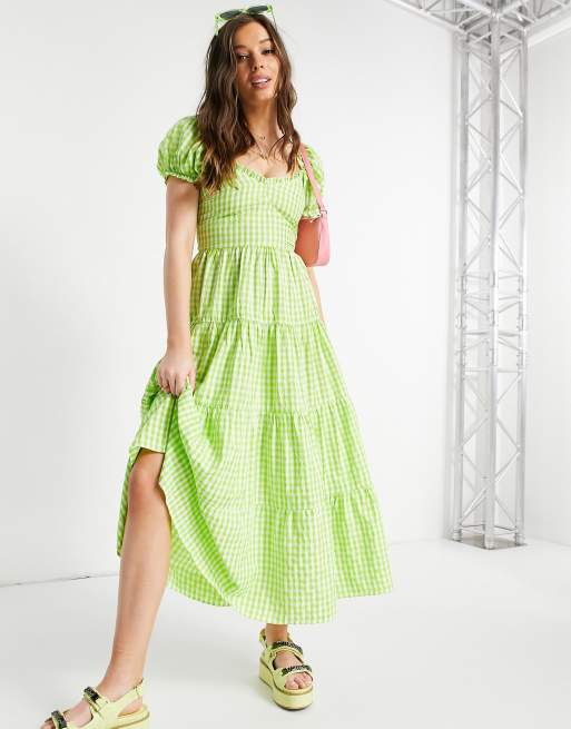 Stradivarius - Poplin melkmeisjesjurk met pofmouwen en gingham ruit in groen