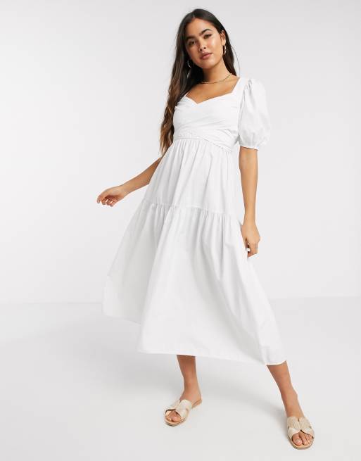 Stradivarius poplin midi dress with belt in white