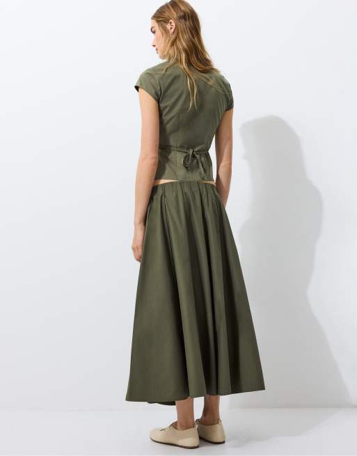 Stradivarius poplin-nederdel med sømme og A-form i khaki, 3 af 7