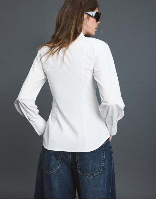 Stradivarius poplin overhemd met gewatteerde schouders in wit, 4 van 7