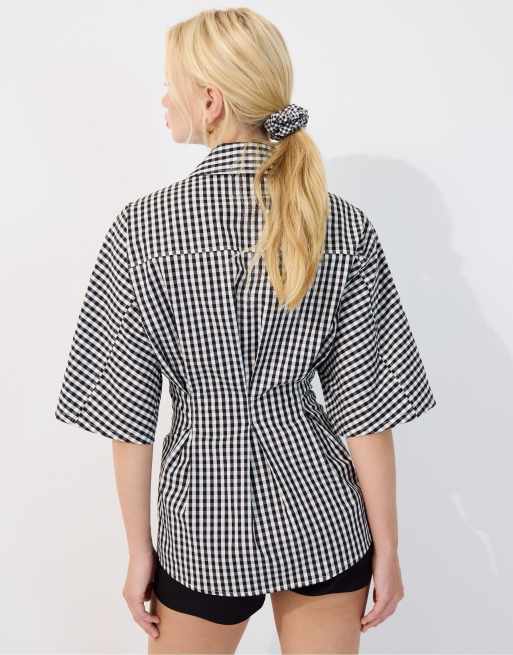 Stradivarius poplin overhemd met kimonomouwen en plooien in ecru, 3 van 4