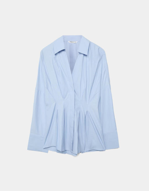 Stradivarius - Poplin overhemd met plooien in hemelsblauw, 6 van 7