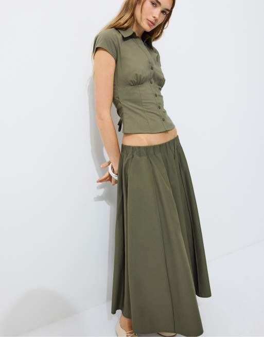 Stradivarius Poplin seamed a-line skirt in khaki, 5 of 7