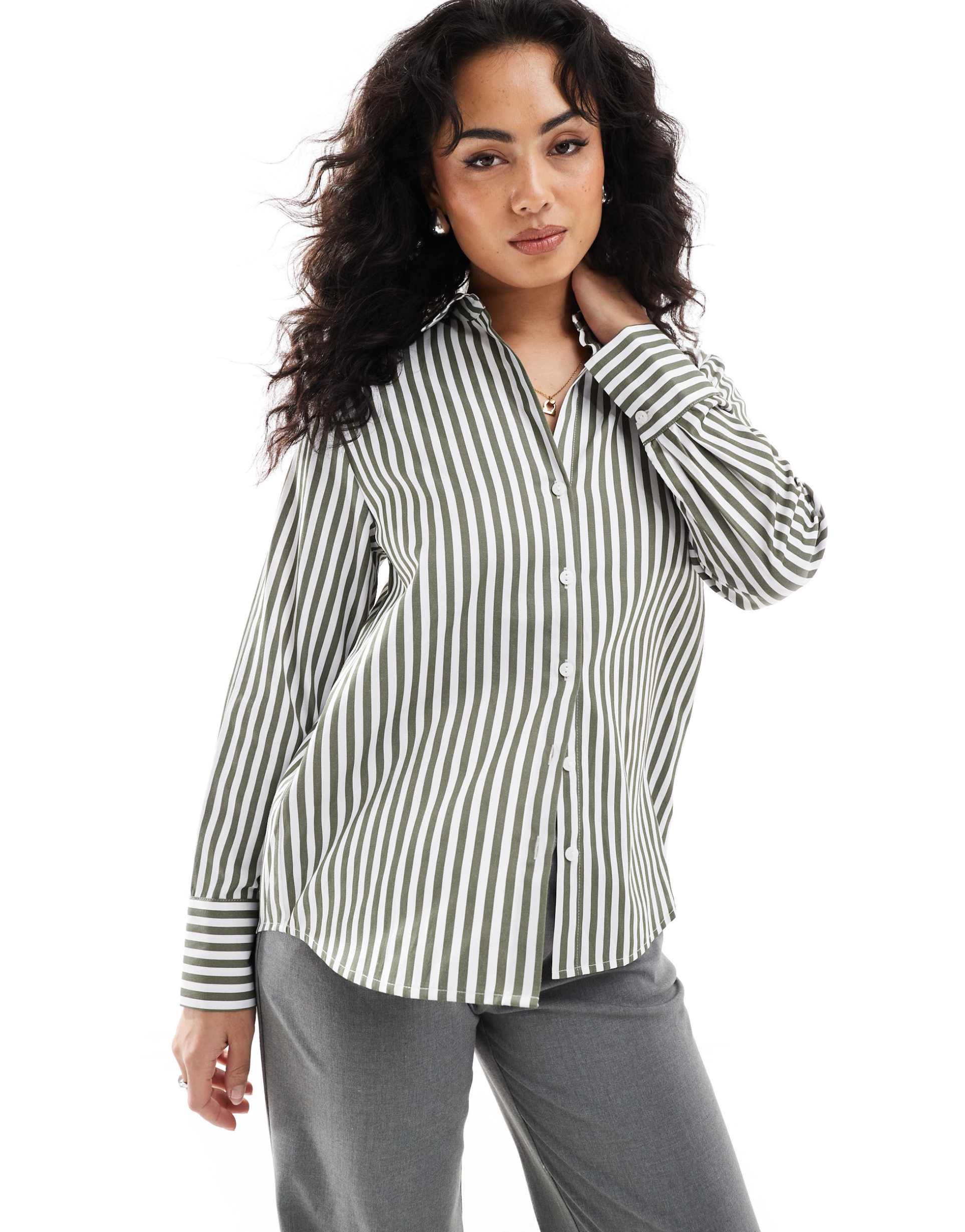 stradivarius poplin shirt in khaki stripe