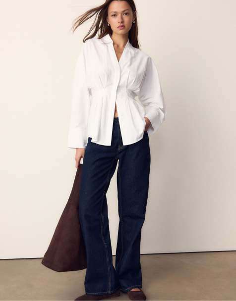 Stradivarius Poplin shirt with pleats in white - view 1