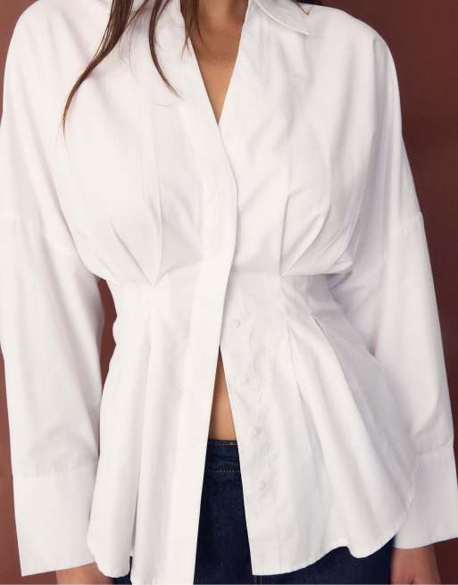 Stradivarius Poplin shirt with pleats in white, 4 of 4