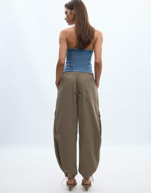 Stradivarius poplinbroek met stoppers in kaki, 4 van 4