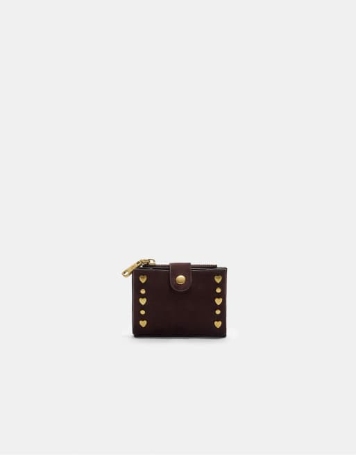 Stradivarius - Porte-cartes avec fermeture éclair et clous - Marron