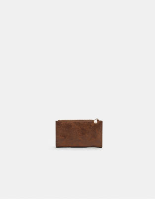 Stradivarius - Porte-monnaie brillant style porte-cartes avec fermeture éclair - Marron-Brown