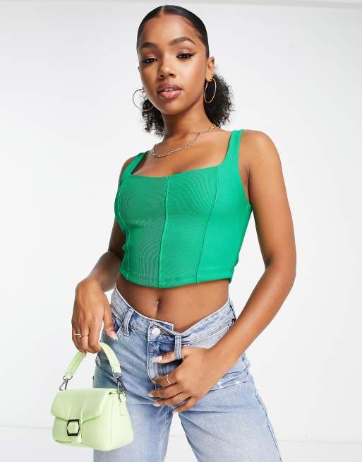 Stradivarius – Prążkowany usztywniany gorsetowy top w zielonym kolorze