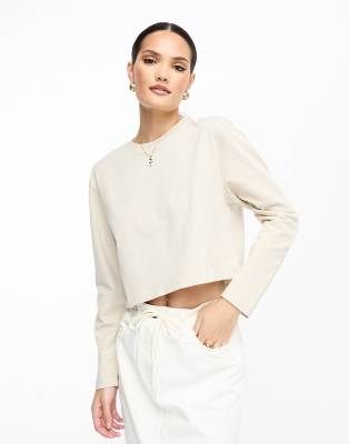 Stradivarius Stradivarius premium long sleeve top in oatmeal-Neutral