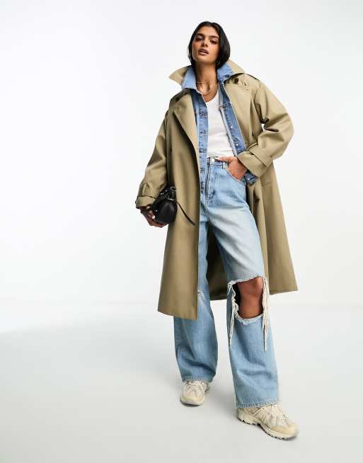 NA-KD oversized dropped shoulder trench coat in khaki