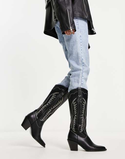 Stradivarius premium western boot with contrast stitch in black | ASOS