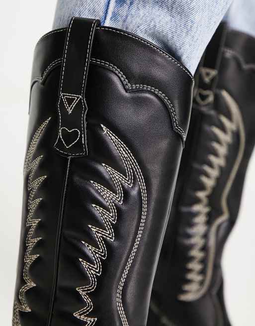 Stradivarius premium western boot with contrast stitch in black | ASOS