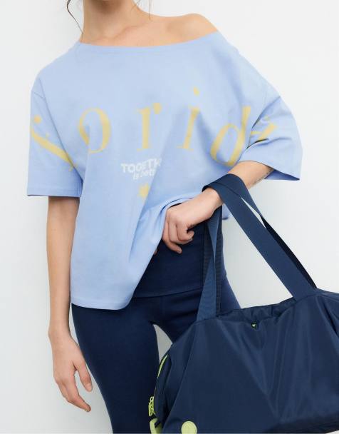 Stradivarius Printed boat neck t-shirt in sky blue - view 1