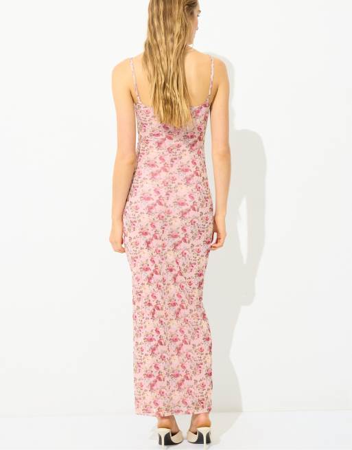 Stradivarius Printed fitted midi dress in pastel pink, 3 of 4
