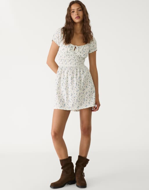 Stradivarius printed mini dress in ecru
