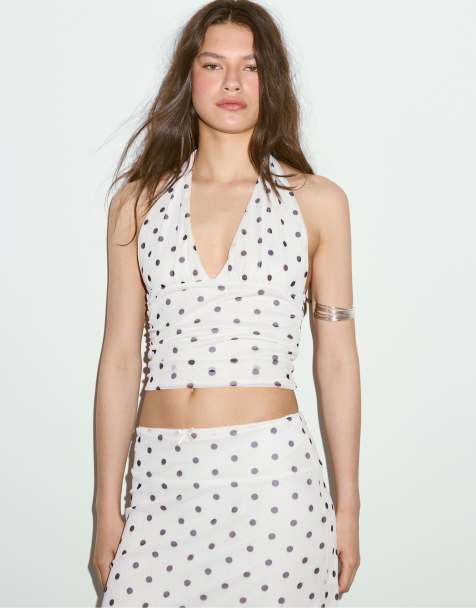 Stradivarius Printed red halter top in ecru - view 1