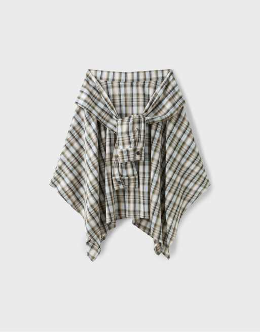 Stradivarius Printed shirt-sleeve detail midi skirt in khaki, 6 of 7