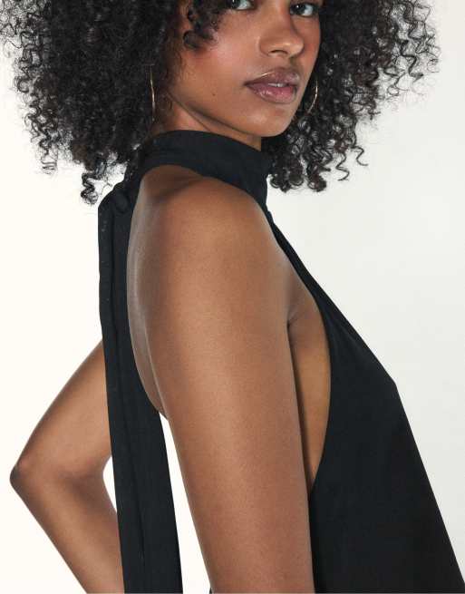 Stradivarius Printed tulle halter scarf top in black, 5 of 7