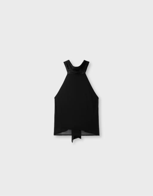 Stradivarius Printed tulle halter scarf top in black, 6 of 7