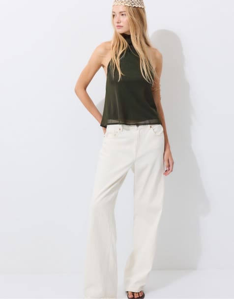 Stradivarius Printed tulle halter scarf top in khaki