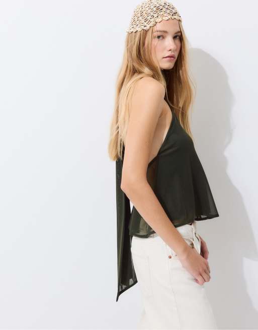 Stradivarius Printed tulle halter scarf top in khaki, 2 of 7