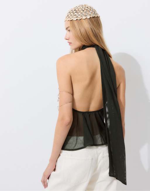 Stradivarius Printed tulle halter scarf top in khaki, 3 of 7