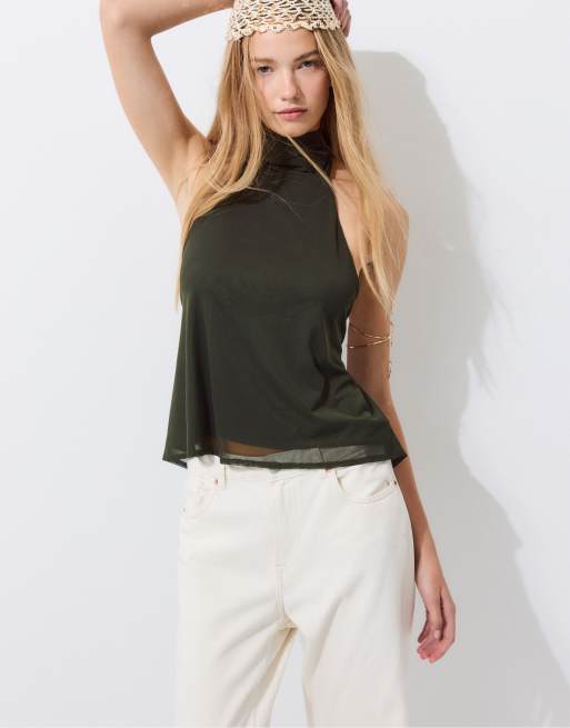 Stradivarius Printed tulle halter scarf top in khaki, 5 of 7