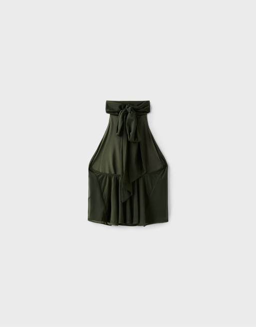 Stradivarius Printed tulle halter scarf top in khaki, 7 of 7