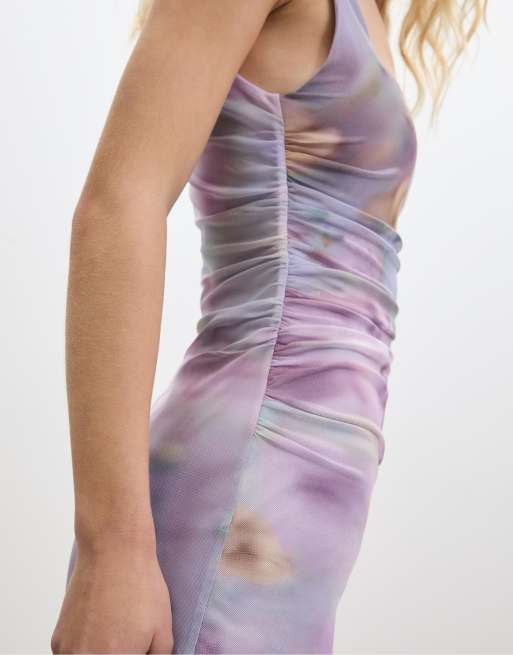 Stradivarius Printed tulle long dress in lilac, 3 of 4