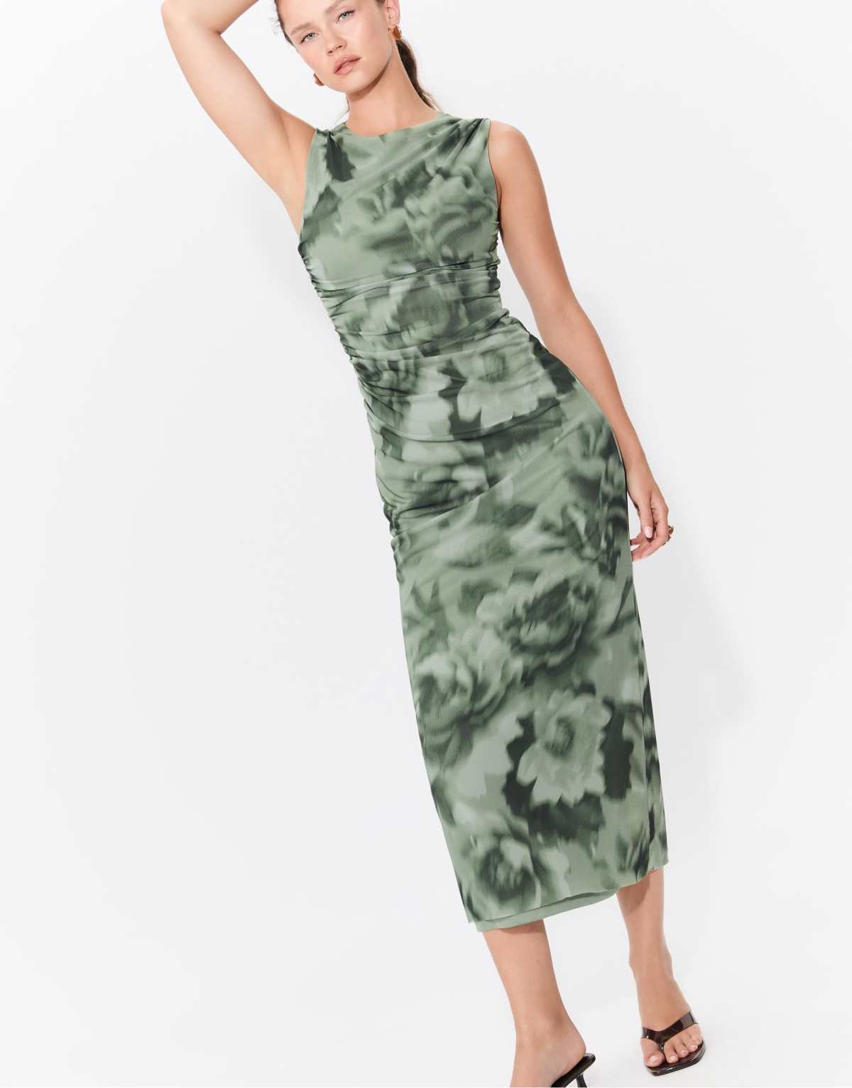 Stradivarius Printed tulle midi dress in khaki