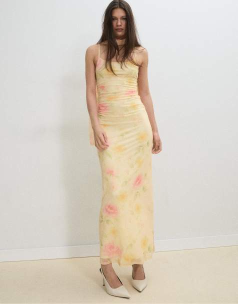 Stradivarius Printed tulle midi dress with scarf in gold - view 1