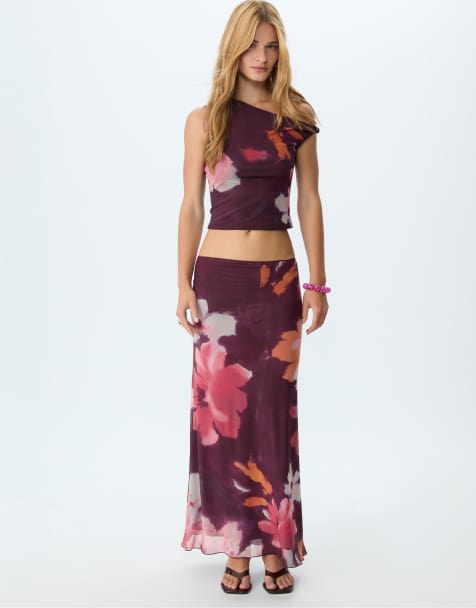 Stradivarius Printed tulle midi skirt in purple