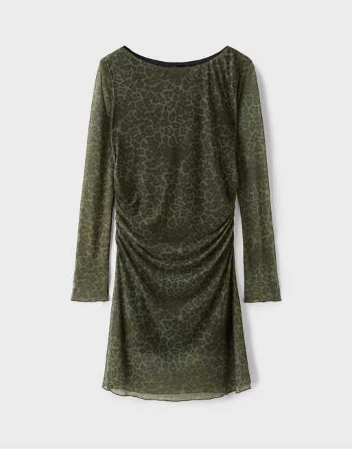 Stradivarius Printed tulle short dress in khaki, 6 of 7